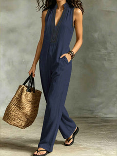 Women’s Sleeveless Stand Collar Jumpsuit – V-Neck Lace Trim Wide-Leg Pants with Pockets