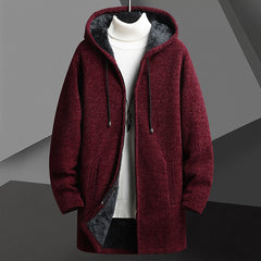 Men’s Fleece-Lined Hooded Cardigan Sweater – Mid-Length Zip-Up Winter Jacket