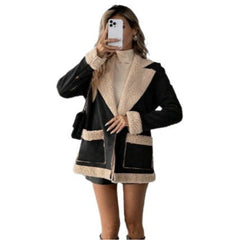 Women’s Suede & Corduroy Lambswool Coat – Warm Winter Long-Sleeve Outerwear Jacket
