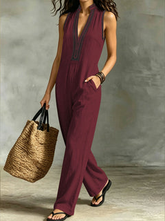 Women’s Sleeveless Stand Collar Jumpsuit – V-Neck Lace Trim Wide-Leg Pants with Pockets