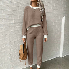 Women’s Waffle-Weave Sweatshirt & Pants Set – Casual Drawstring Crew-Neck Long-Sleeve Loungewear