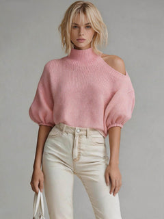Women’s Off-Shoulder Knit Sweater – Half-Neck Autumn Winter Pullover with Exposed Shoulder Detail