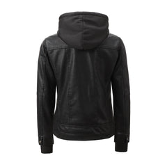 Women’s Faux Leather Biker Jacket with Detachable Hood – Slim-Fit Waist-Cinching Motorcycle Coat