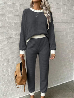 Women’s Waffle-Weave Sweatshirt & Pants Set – Casual Drawstring Crew-Neck Long-Sleeve Loungewear