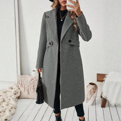 Women’s Double-Breasted Wool Coat – Solid Color Lapel Collar Winter Jacket