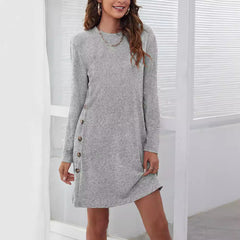 Women's Long-Sleeve Round-Neck Dress – Casual Loose Solid Color Fall & Spring Dress
