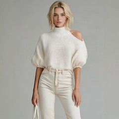 Women’s Off-Shoulder Knit Sweater – Half-Neck Autumn Winter Pullover with Exposed Shoulder Detail