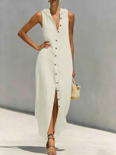 Women's Hooded Sleeveless Button-Down Split Maxi Dress – Casual Vacation Long Dress for Spring & Summer