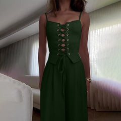 Women’s Sexy Hollow-Out Strap Top & Wide-Leg Pants Set – Casual Summer 2-Piece Outfit