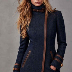Women’s Mid-Length Herringbone Tweed Coat – Side-Zip Wool-Blend Jacket