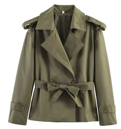 Women’s Solid Color Belted Short Trench Coat – European Style Cropped Jacket with Waist Tie