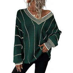 Women’s Striped V-Neck Sweater – Loose-Fit Long-Sleeve Casual Knit Pullover