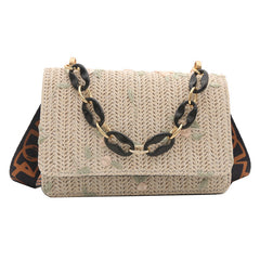 Women's Straw Small Square Crossbody Bag with Acrylic Chain