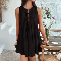 Women’s Solid Color Lace-Up Pleated Mini Dress – Sleeveless Casual Summer Party Dress
