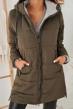 Women’s Hooded Long Cotton Coat with Pockets – Solid Color Casual Winter Jacket