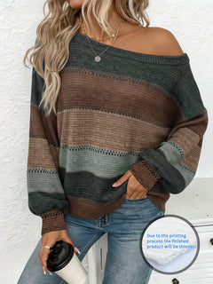 Women’s Striped Off-Shoulder Boat-Neck Sweater – Long-Sleeve Casual Knit Top