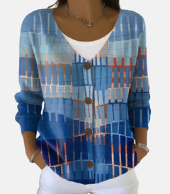 Women’s Printed Knit Cardigan Sweater with Buttons – Casual Long-Sleeve Patterned Pullover