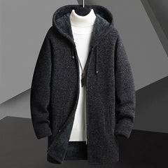 Men’s Fleece-Lined Hooded Cardigan Sweater – Mid-Length Zip-Up Winter Jacket