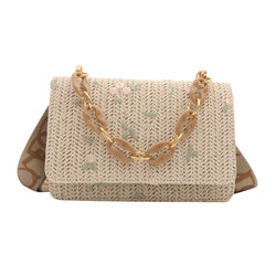 Women's Straw Small Square Crossbody Bag with Acrylic Chain