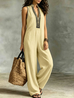 Women’s Sleeveless Stand Collar Jumpsuit – V-Neck Lace Trim Wide-Leg Pants with Pockets