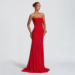 Women's Sleeveless Chiffon Tube Top Dress With Ribbons – Elegant Floor-Length Dress
