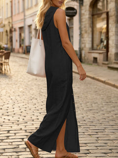 Women's Hooded Sleeveless Button-Down Split Maxi Dress – Casual Vacation Long Dress for Spring & Summer