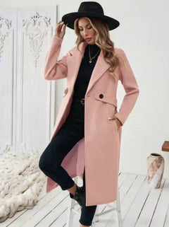 Women’s Double-Breasted Wool Coat – Solid Color Lapel Collar Winter Jacket