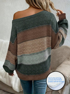 Women’s Striped Off-Shoulder Boat-Neck Sweater – Long-Sleeve Casual Knit Top