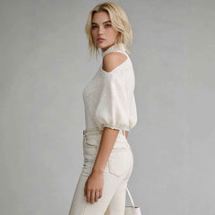 Women’s Off-Shoulder Knit Sweater – Half-Neck Autumn Winter Pullover with Exposed Shoulder Detail