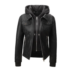Women’s Faux Leather Biker Jacket with Detachable Hood – Slim-Fit Waist-Cinching Motorcycle Coat