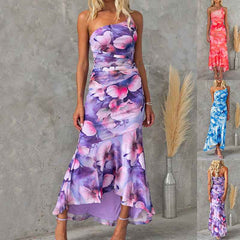 Floral Print One-Shoulder Maxi Dress – Women's Casual Summer Botanical Long Dress