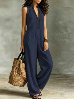 Women’s Sleeveless Stand Collar Jumpsuit – V-Neck Lace Trim Wide-Leg Pants with Pockets