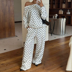 Women’s Polka-Dot Print Two-Piece Set – Long-Sleeve Sweatshirt & Loose-Fit Full-Length Pants