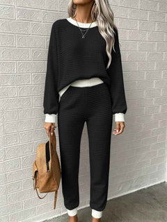 Women’s Waffle-Weave Sweatshirt & Pants Set – Casual Drawstring Crew-Neck Long-Sleeve Loungewear