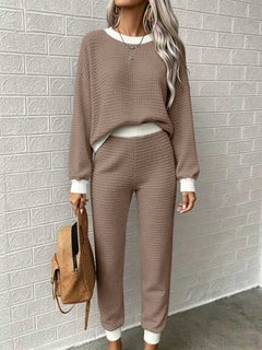 Women’s Waffle-Weave Sweatshirt & Pants Set – Casual Drawstring Crew-Neck Long-Sleeve Loungewear