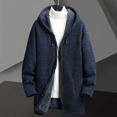 Men’s Fleece-Lined Hooded Cardigan Sweater – Mid-Length Zip-Up Winter Jacket
