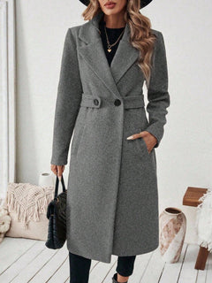 Women’s Double-Breasted Wool Coat – Solid Color Lapel Collar Winter Jacket