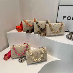 Women's Straw Small Square Crossbody Bag with Acrylic Chain