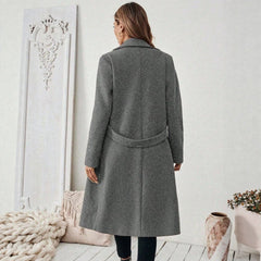Women’s Double-Breasted Wool Coat – Solid Color Lapel Collar Winter Jacket