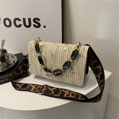 Women's Straw Small Square Crossbody Bag with Acrylic Chain