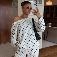 Women’s Polka-Dot Print Two-Piece Set – Long-Sleeve Sweatshirt & Loose-Fit Full-Length Pants