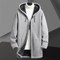 Men’s Fleece-Lined Hooded Cardigan Sweater – Mid-Length Zip-Up Winter Jacket