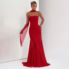 Women's Sleeveless Chiffon Tube Top Dress With Ribbons – Elegant Floor-Length Dress