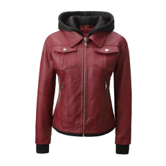 Women’s Faux Leather Biker Jacket with Detachable Hood – Slim-Fit Waist-Cinching Motorcycle Coat