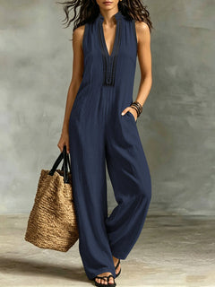 Women’s Sleeveless Stand Collar Jumpsuit – V-Neck Lace Trim Wide-Leg Pants with Pockets