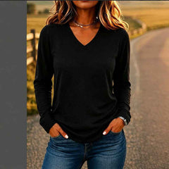 Women’s V-Neck Loose-Fit Long Sleeve T-Shirt – Solid Color Casual Pullover Top