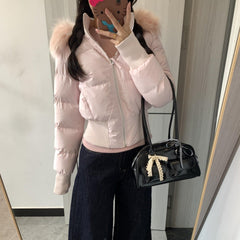 Women's Thickened Fleece-Lined Slim-Fit Cotton Coat with Detachable Faux Fur Collar