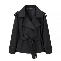 Women’s Solid Color Belted Short Trench Coat – European Style Cropped Jacket with Waist Tie