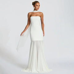 Women's Sleeveless Chiffon Tube Top Dress With Ribbons – Elegant Floor-Length Dress