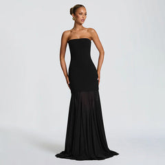 Women's Sleeveless Chiffon Tube Top Dress With Ribbons – Elegant Floor-Length Dress